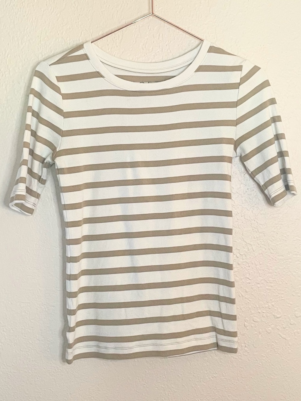 LOFT Petite Tan White Stripe Stretch Knit Top Medium